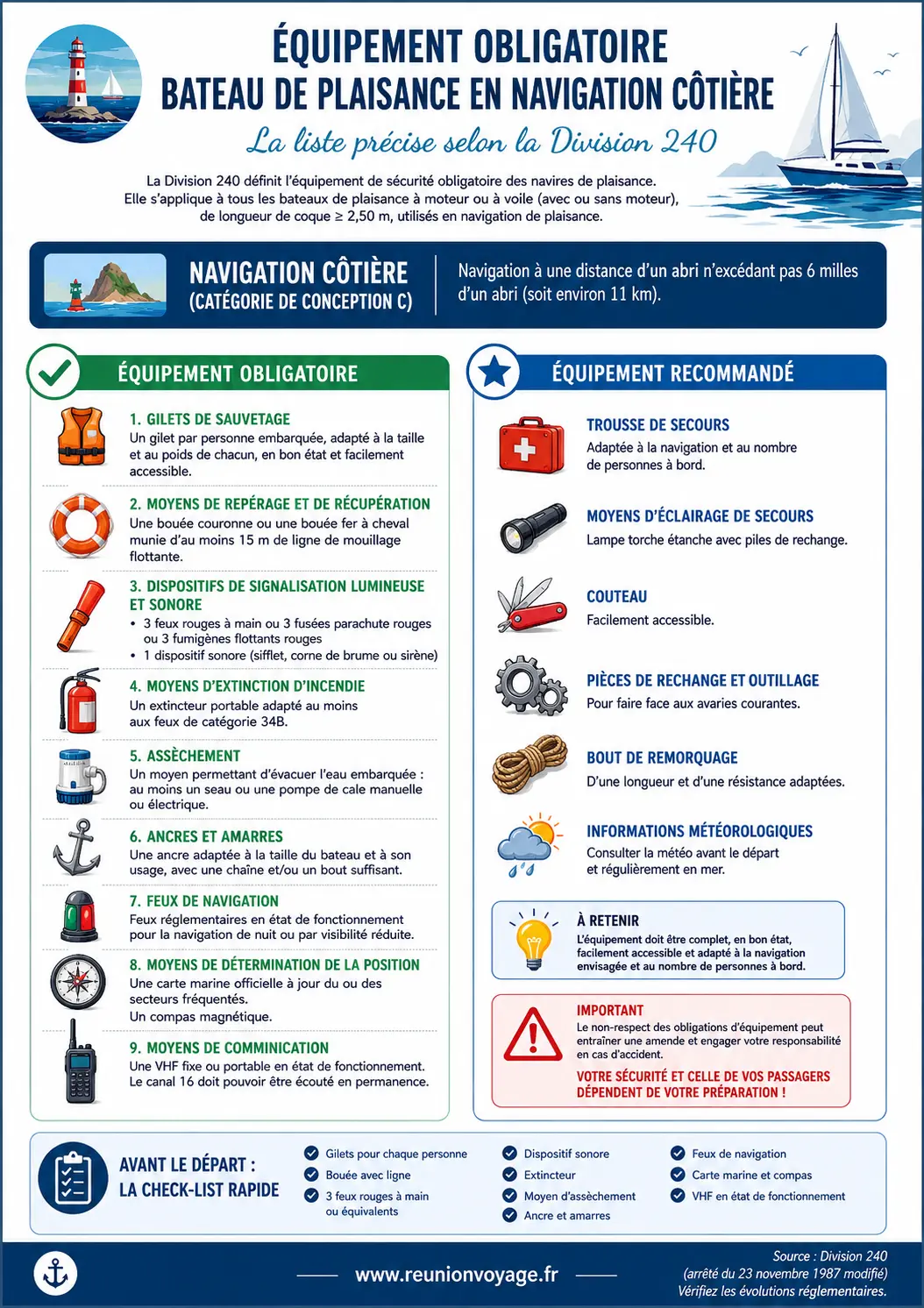 Équipement obligatoire bateau côtier - infographie